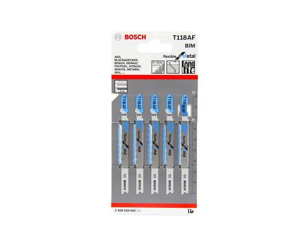 Bosch Jigsaw Blade T118Af Pk5¶Flexable For Metal T-Slotã¶1-3Mm Material 17-24 Tpiã¶Pt No 2 608 634 505