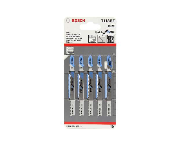 Bosch Jigsaw Blade T118Bf Pk5¶Flexible For Metal T-Slotã¶2.5-6Mm Material 11-14 Tpiã¶Pt No 2 608 634 503